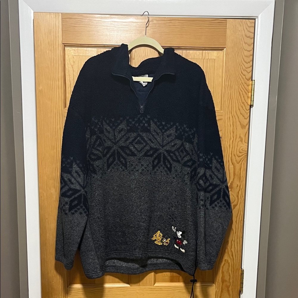 Disney Men's Navy and Charcoal 1/4 Zip Fleece Mickey and Pluto Adventure Ahead